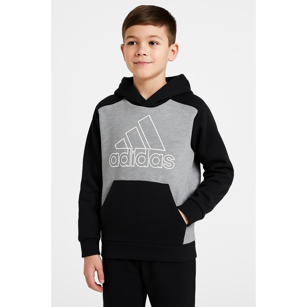 ADIDAS Boys Black Grey Color Block Hoodie Small